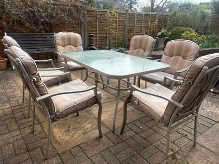 Photo of free Glass topped patio table +6 chairs with cushions (Turf Hill GU18) #1