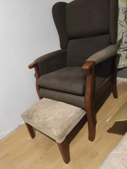 Photo of free Brown armchair and footstool (Bartley Green B32) #1