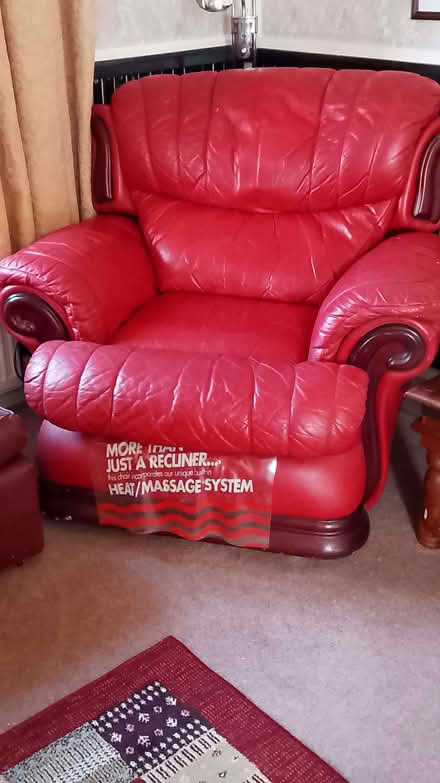 Photo of free Red leather sofa with mahogany trim (Bridgefoot CA14) #1