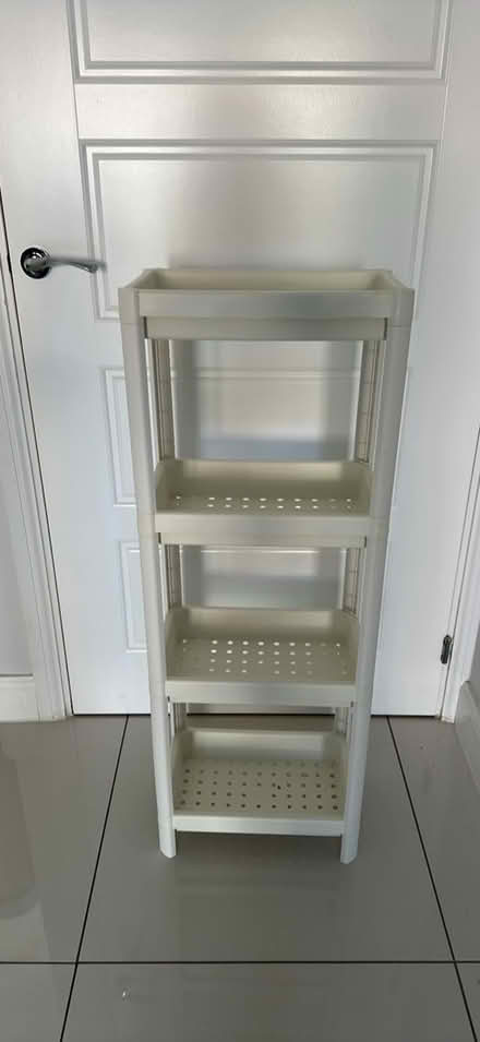 Photo of free 4-tier white plastic shelf (MK11 Fairfields) #1