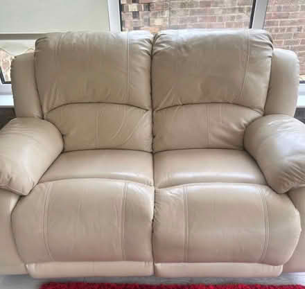 Photo of free 2 seater reclining leather sofa & footstool (Escomb DL14) #1