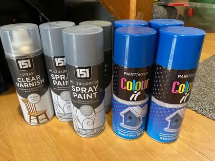 Photo of free Blue spray paint, grey spray primer, spray clear varnish (Cogges OX28) #1