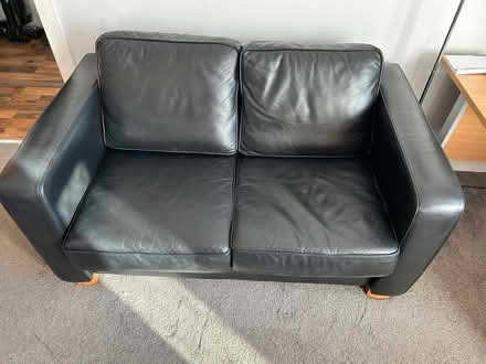 Photo of free black leather sofa (Hunts Cross L25) #1