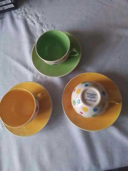 Photo of free 3 x multi-spot cups and saucers (Fords Farm RG31) #1