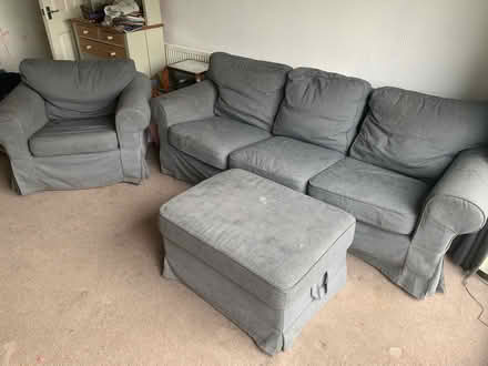 Photo of free 3 seater couch & Chair and pouffe (New Mills SK22) #1