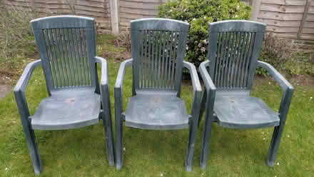 Photo of free 3 Green plastic garden chairs (Caldy Valley CH3) #1