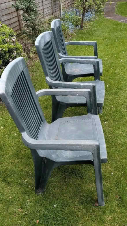 Photo of free 3 Green plastic garden chairs (Caldy Valley CH3) #2