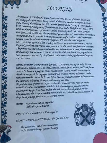 Photo of free Family name: Hawkins picture (AL2 / SG6) #2