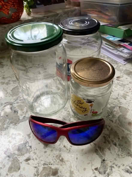 Photo of free Glass jars with Leeds and worn sunglasses for craft project (Woking GU22) #1