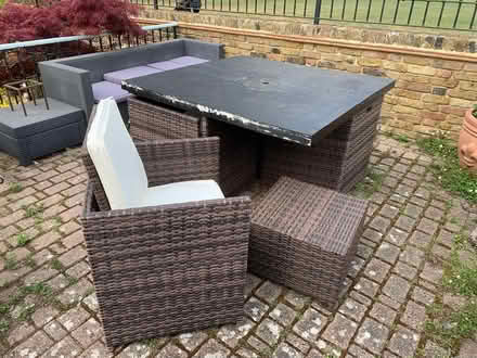 Photo of free Garden table with 4 chairs & stools (West Molesey.) #1