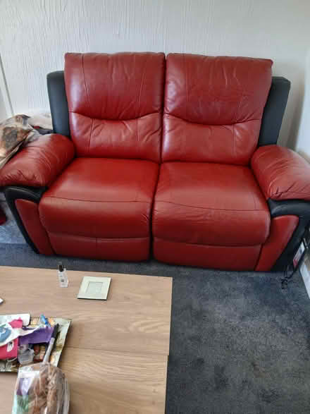 Photo of free 2 seater red leather sofa + chair (Killamarsh S21) #1