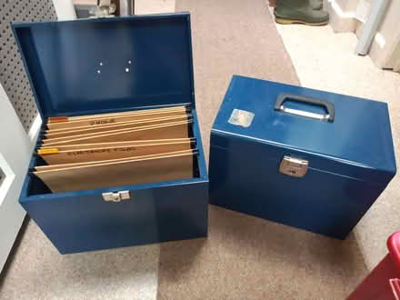 Photo of free Pair of blue, metal filing boxes. Lockable. (Brantham CO11) #1