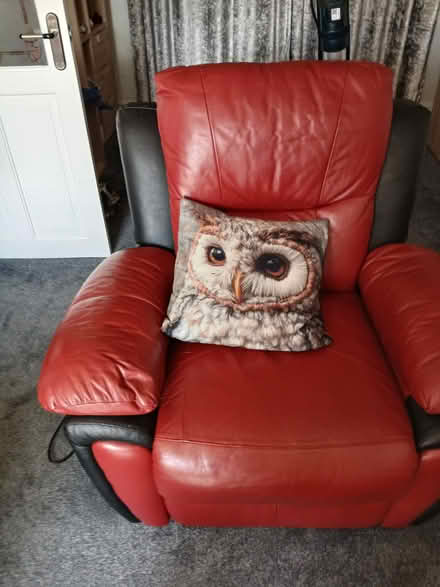 Photo of free 2 seater red leather sofa + chair (Killamarsh S21) #2