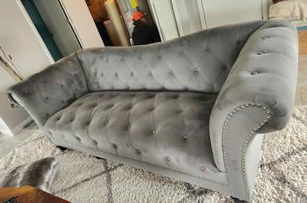 Photo of free grey velvet tufted sofa (Deale, MD / Mimosa Cove) #1
