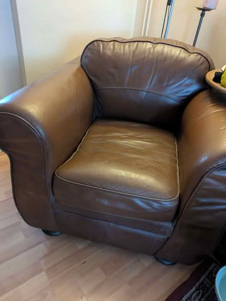 Photo of free Brown leather sofa and two armchairs (Copford CO6) #2