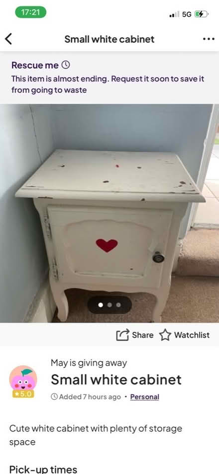 Photo of free White side table with storage (Streatham SW16) #1