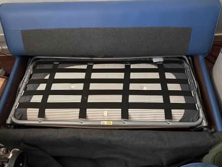 Photo of free Blue leather metal action sofa bed (Walham Green SW6) #4