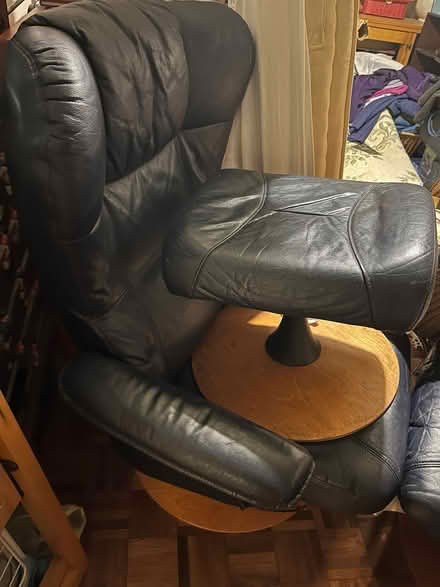 Photo of free Blue leather chair with footstool (Mayford GU22) #1