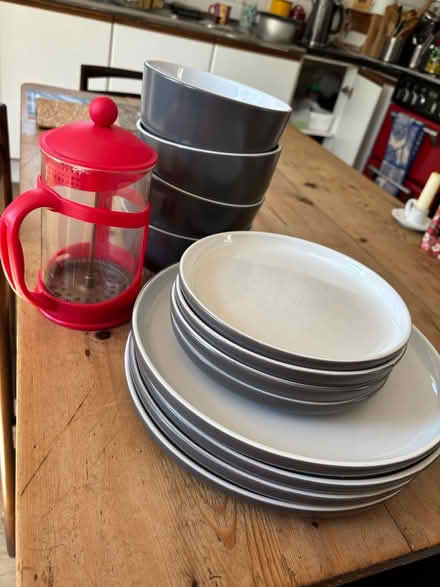 Photo of free Grey dinner set and red cafetière (SW18) #1