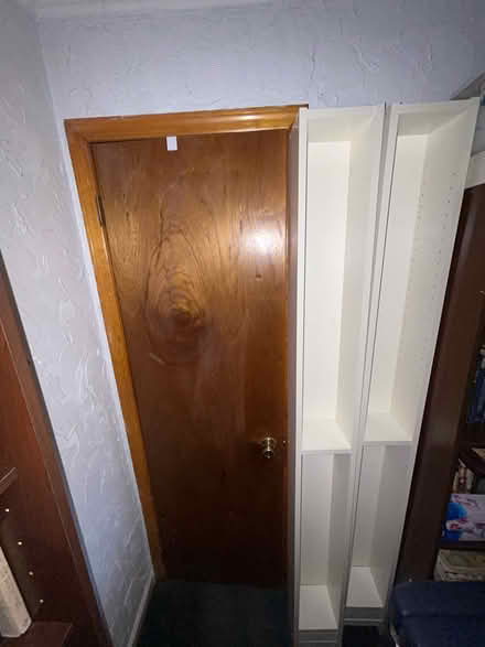 Photo of free 2-3 tall white narrow shelves (Near stadium) #1