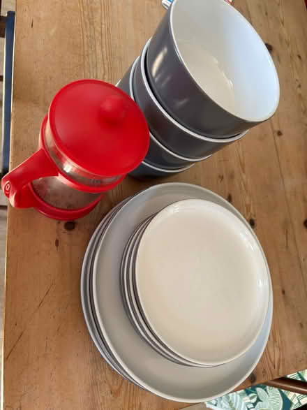 Photo of free Grey dinner set and red cafetière (SW18) #2