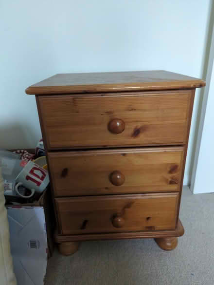 Photo of free Three drawer pine bedside table (Highwoods CO4) #1