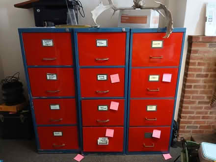 Photo of free Red and blue retro filing cabinets. Solid (Loughton IG10) #1