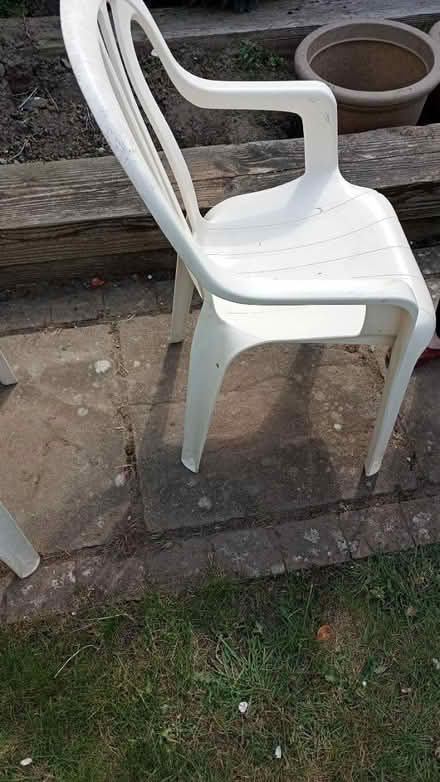 Photo of free Two white plastic;chairs (belmont sutton SM2) #1