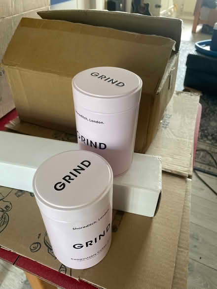 Photo of free 2 empty Grind coffee tins (Northlands Wood) #1