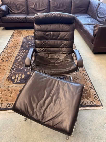 Photo of free Brown leather chair and footrest (Abington, near Library) #1