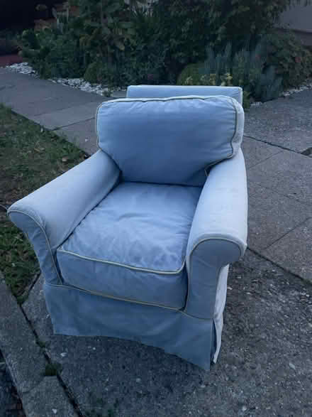 Photo of free Comfy blue armchair (on curb) (On Barrett Ave (Tuller/Brooks)) #1