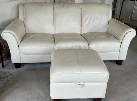 Photo of free 2 x 3 seater leather sofas and storage stool (Kinnerton LD8) #1