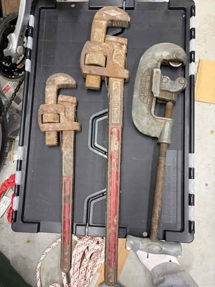 Photo of free 2 large pipe wrenches and cutter (Belmont, MA) #1