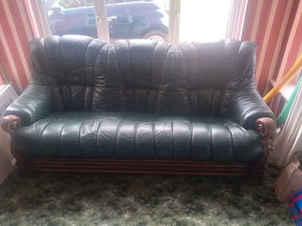 Photo of free 3 seater leather and wood couch (Blackrock Co Dublin) #1