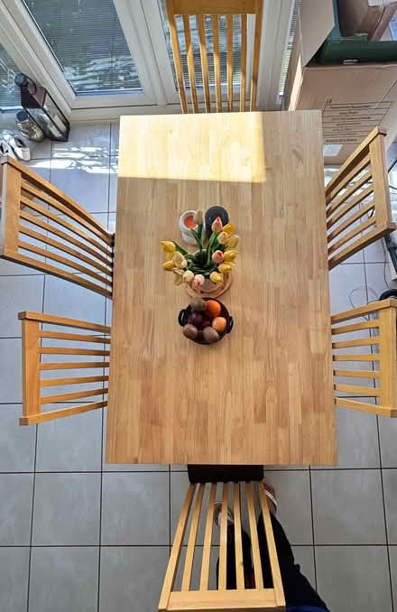 Photo of free Oakwood dining table with 6 faux leather chairs (Papworth Everard CB23) #1