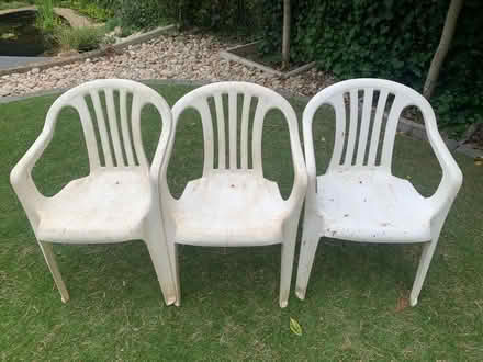 Photo of free 3 white plastic chairs (Norwich, NR7 Harvey Lane) #1