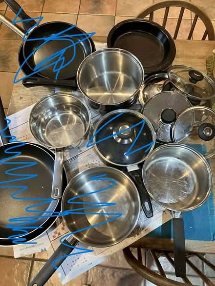 Photo of free 3 Saucepans, random lids and a cake tin. (Goffs Oak EN7) #1