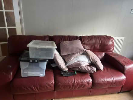 Photo of free Red leather couch and wooden mantel (West Lancashire WN8) #2