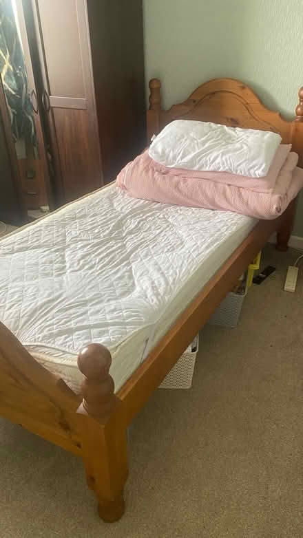 Photo of free Single pine bed and mattress (Tr4 8eb) #1