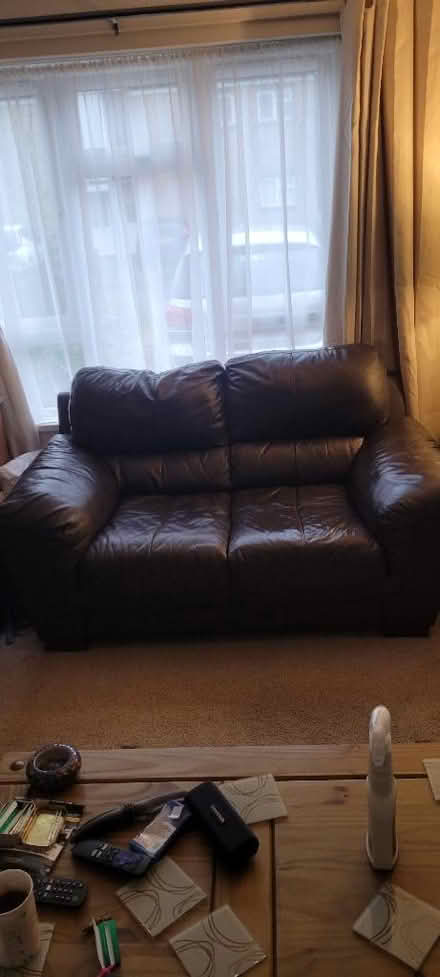 Photo of free Brown leather 2&3 seater sofa (Newport Pagnell MK16) #2