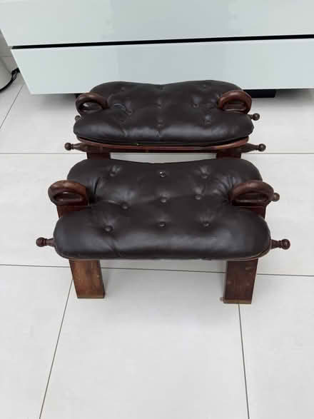 Photo of free 2 leather and wood stools. Asian style. (Hunton Bridge WD4) #2