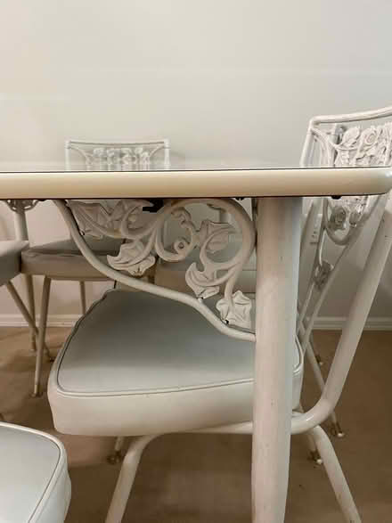 Photo of free Six white metal chairs + opt. table (Midland Park NJ) #4