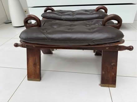 Photo of free 2 leather and wood stools. Asian style. (Hunton Bridge WD4) #1
