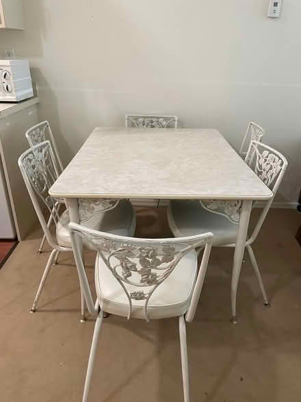 Photo of free Six white metal chairs + opt. table (Midland Park NJ) #2