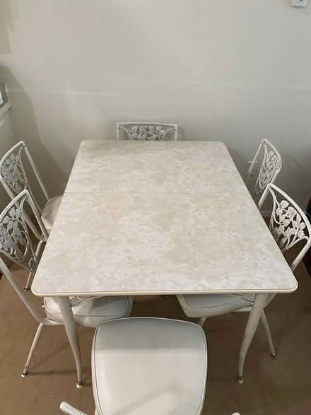 Photo of free Six white metal chairs + opt. table (Midland Park NJ) #3
