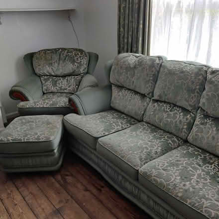 Photo of free Three Seater Sofa, Armchair, and Footrest (Green) (St Helier SM5) #1