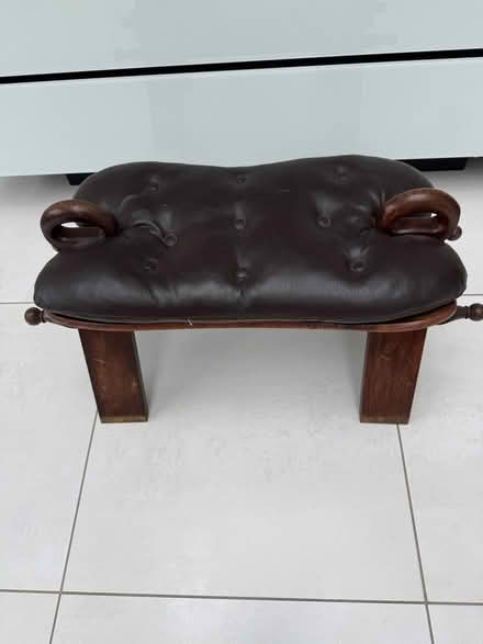 Photo of free 2 leather and wood stools. Asian style. (Hunton Bridge WD4) #3