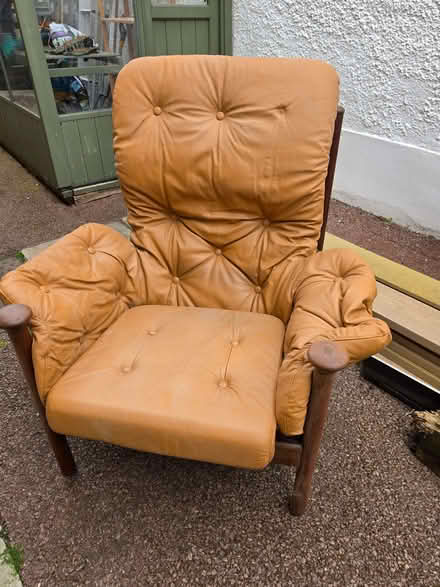 Photo of free mid-century style armchair with wooden frame and tan faux le (New Barnet EN5) #1