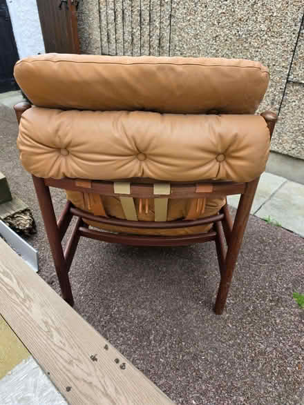 Photo of free mid-century style armchair with wooden frame and tan faux le (New Barnet EN5) #2