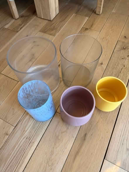 Photo of free 3 Clear Vases & 2 small plant pots (Ilford, IG11SF) #2